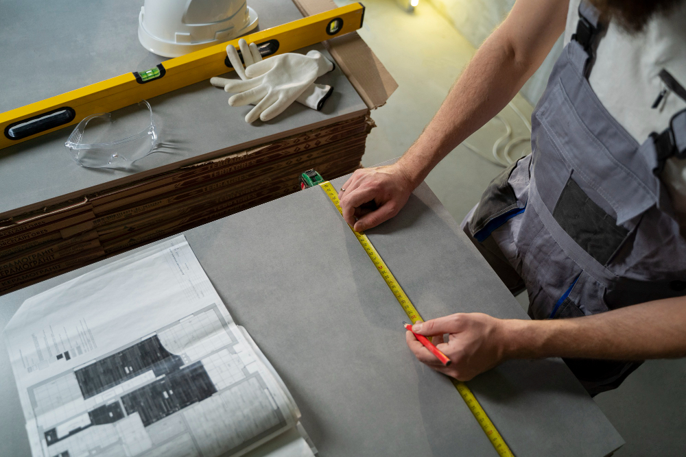 Digital laser templating tool mapping out kitchen cabinet dimensions