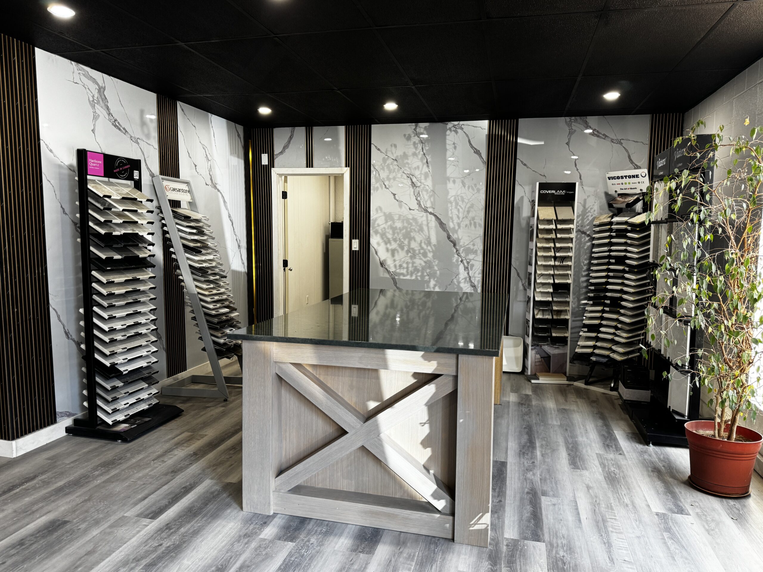 Choosing quartz countertop slabs at Edmonton design showroom