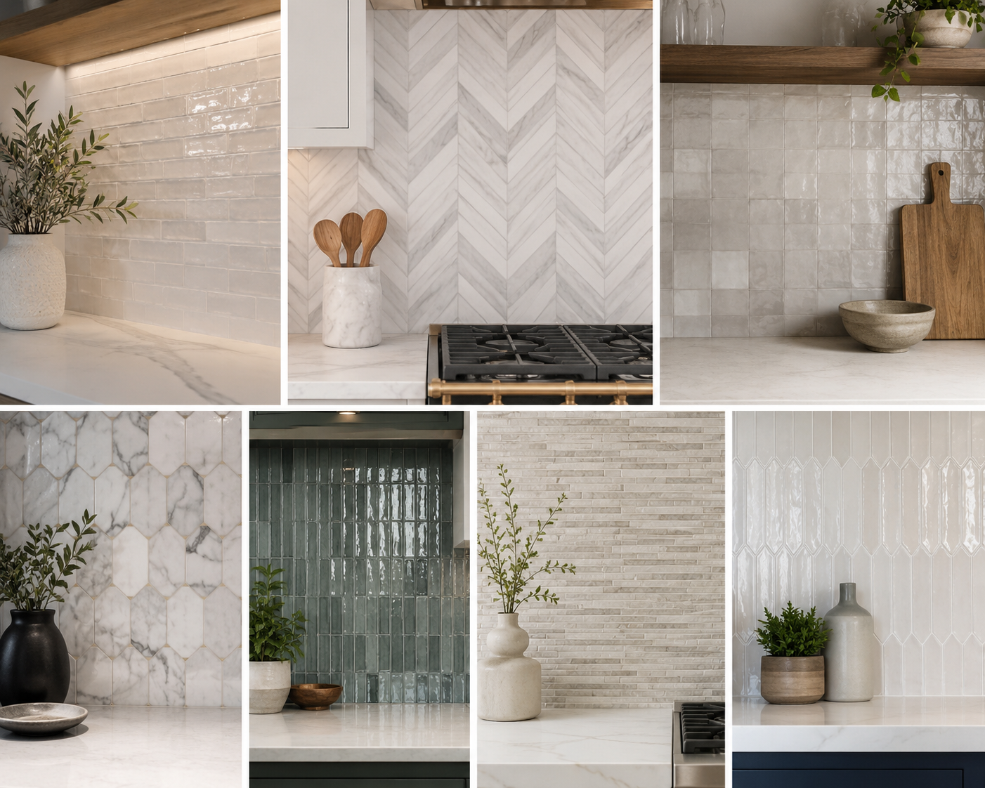 Modern kitchen backsplash tiles installed with white quartz countertops in Edmonton